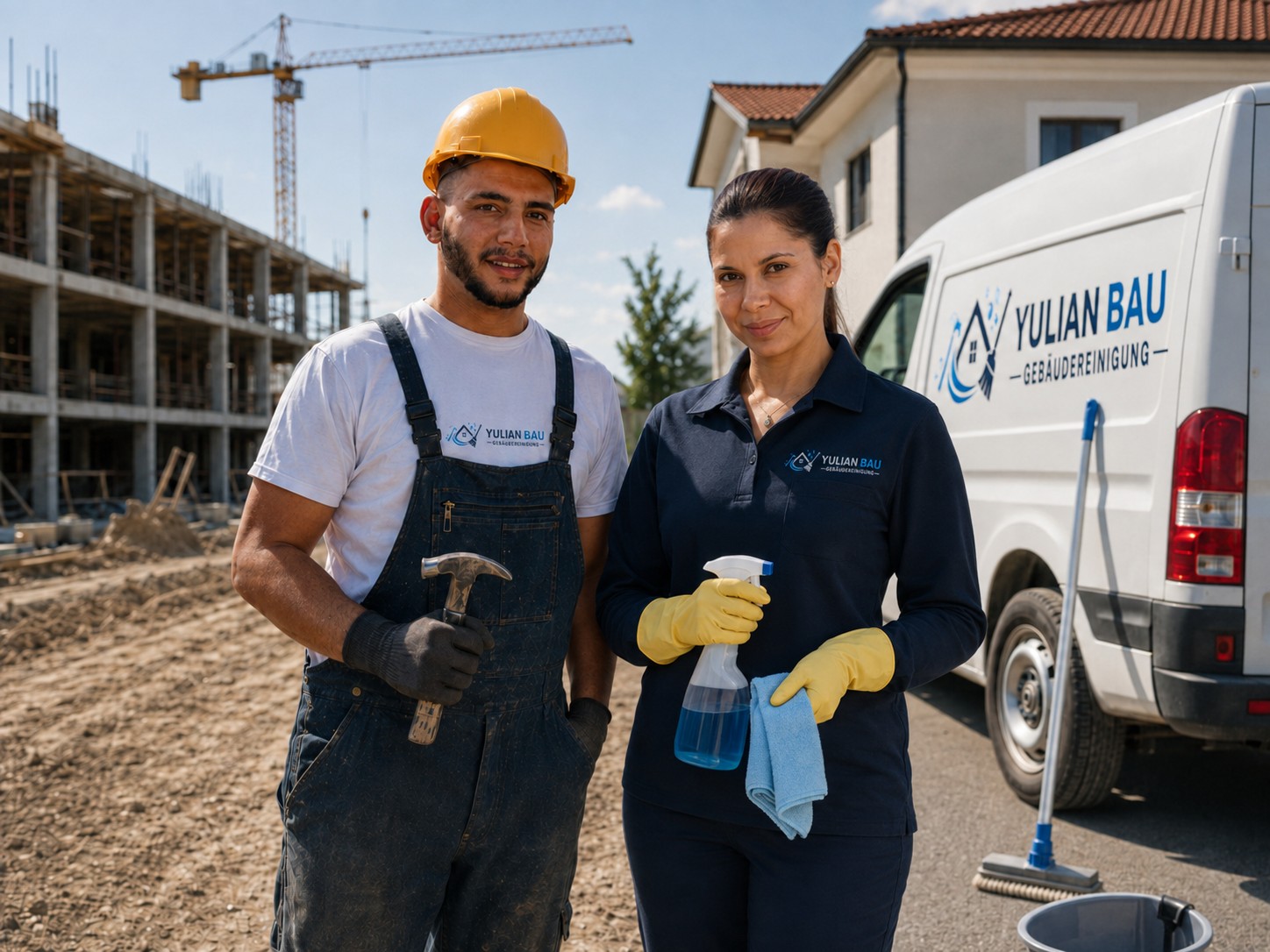 Team von Yulian Bau: Handwerker und Reinigungskraft vor dem Firmenfahrzeug